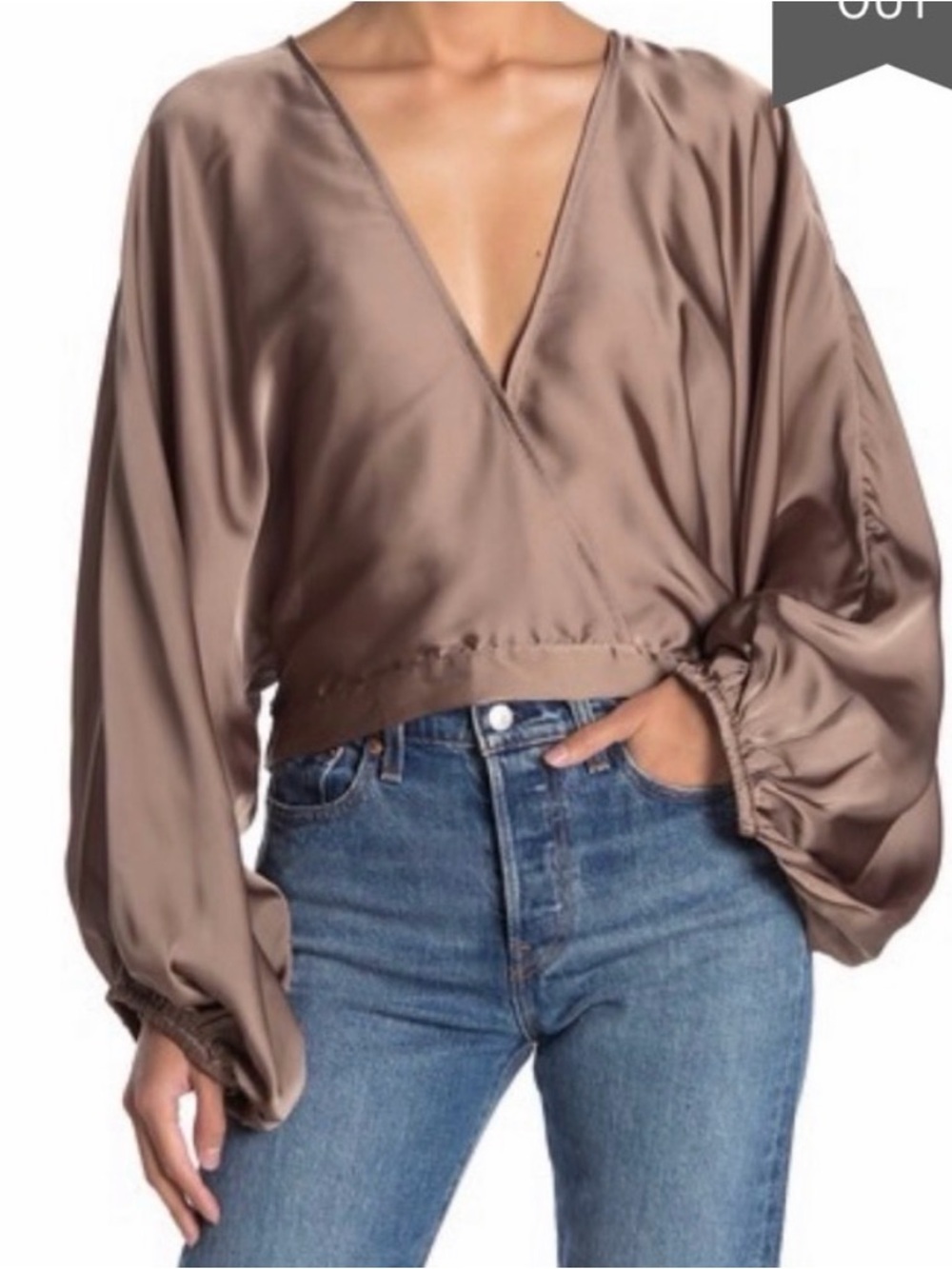 Free People Satin V-Neck Balloon Sleeve Top - Taupe
